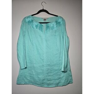 Ellen Tracy Linen Blend Embroidered Top Aqua 3/4 Sleeve Women's Medium